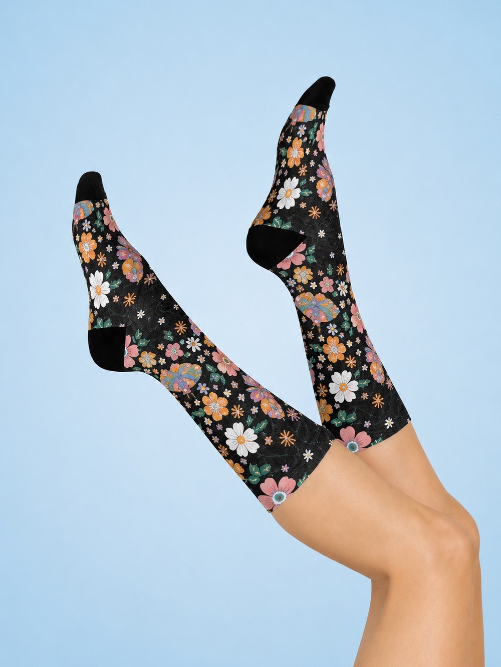 🟣Floral Knee-High Socks in Black with Multicolor Blooms